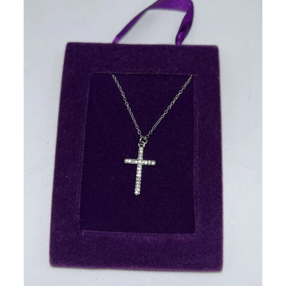 Vintage Silver Tone White Rhinestone Cross Pendant 18